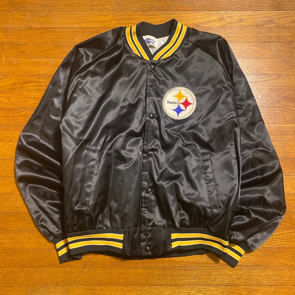 Vintage 1989 Chalk Line Pittsburgh Steelers Satin Bomber Jacket Mens XXL Black